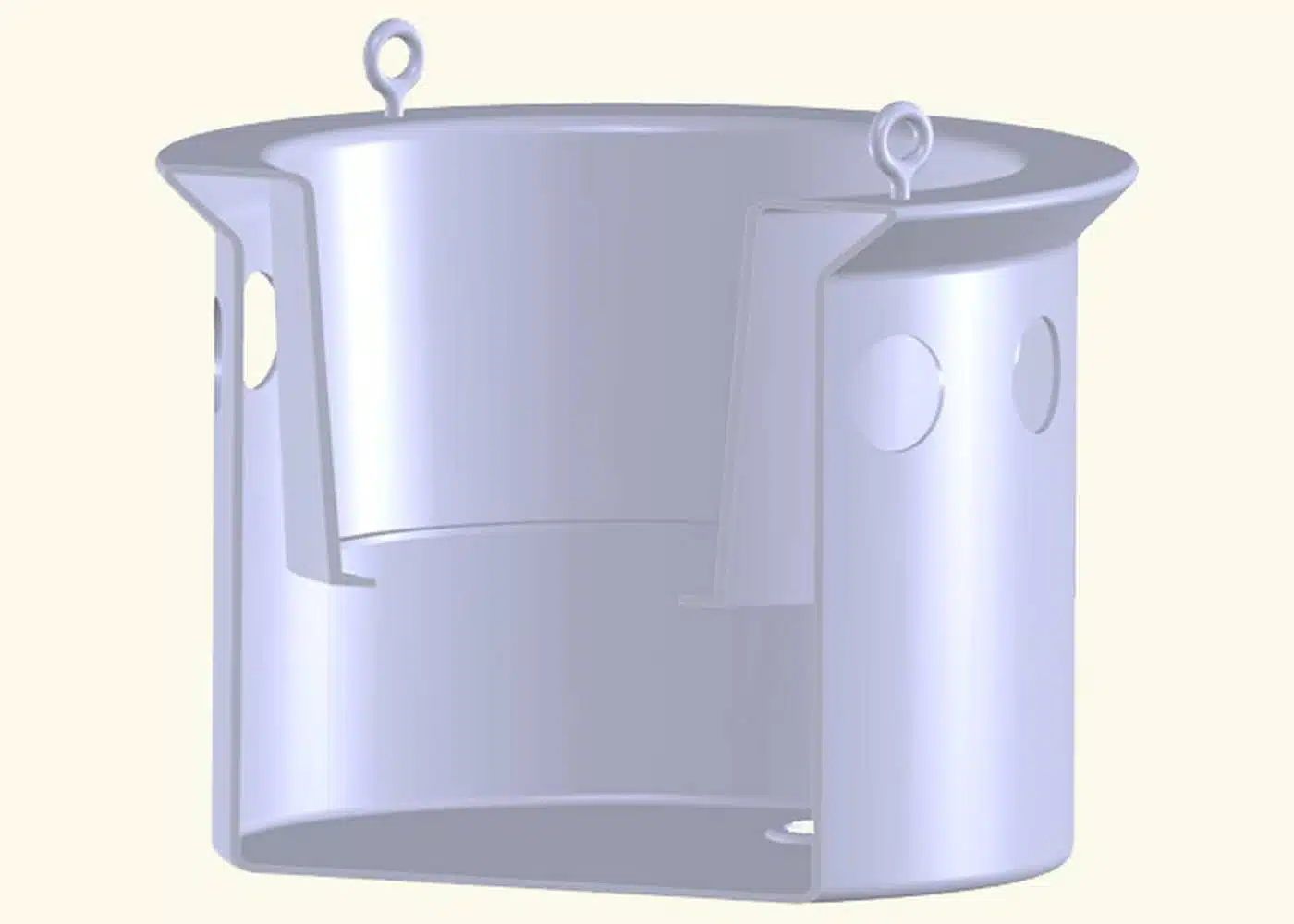 3D cutaway render of an empty Chatoyer DrainSAFE diffuser body, a round barrel with side openings, a flared top lip with two lifting eyes and an internal weir section
